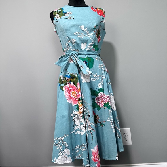 Aranee Blue Floral 50s Vintage Style Dress - Picture 4 of 7